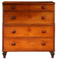 A 19TH CENTURY MAHOGANY CAMPAIGN CHEST OF DRAWERS.