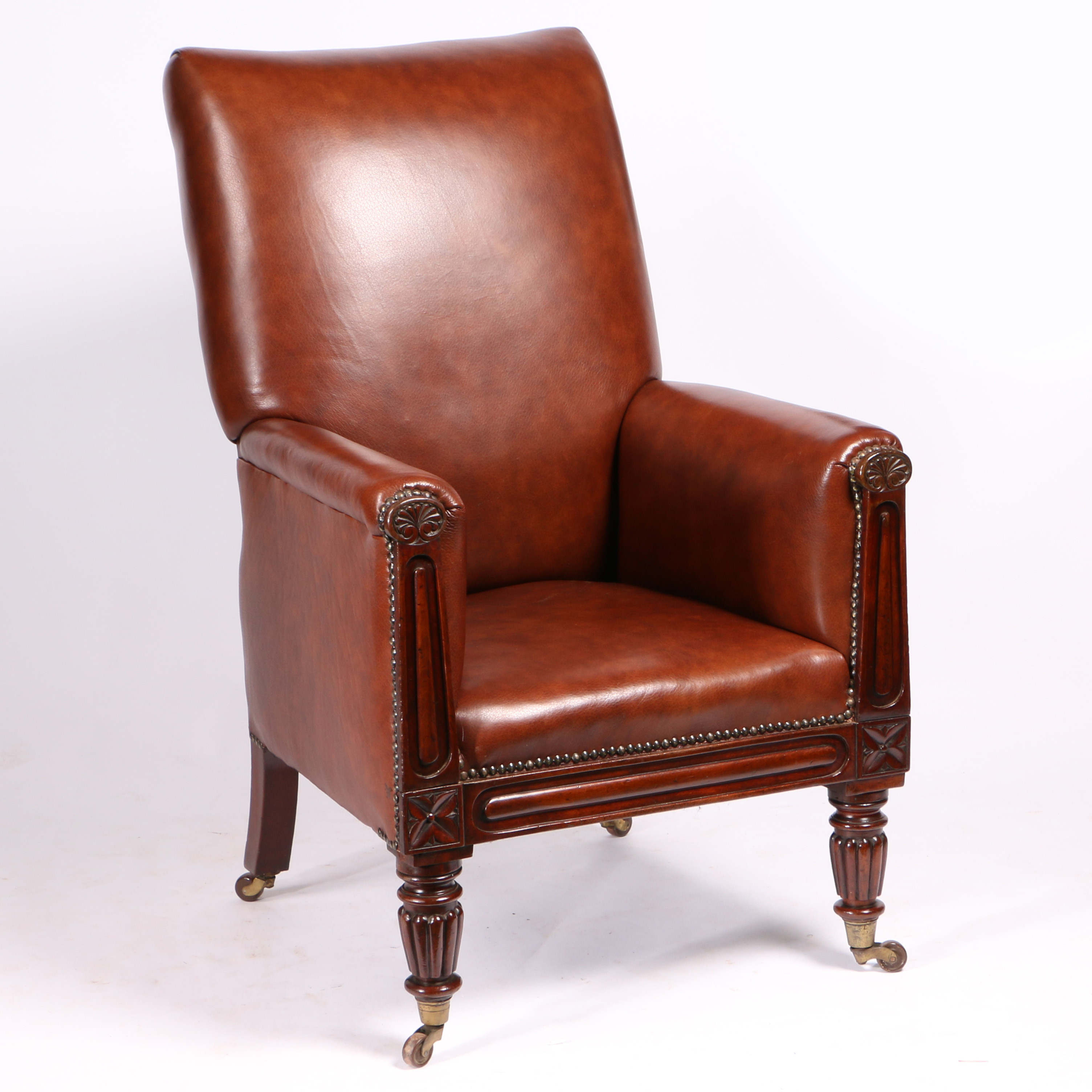 A 19TH CENTURY LEATHER UPHOLSTERED ARMCHAIR. - Image 2 of 4