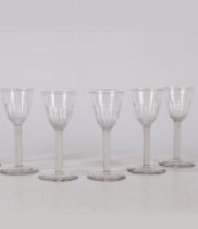 A SET OF FIVE LATE 19TH CENTURY DOUBLE TWIST WINE GLASSES POSSIBLY BY THOMAS WEBB.