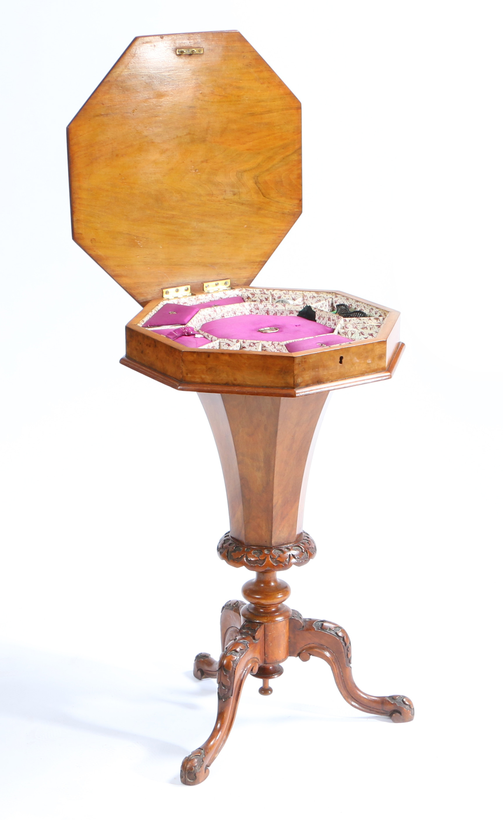 A VICTORIAN BURR WALNUT SEWING BOX TABLE. - Image 2 of 3