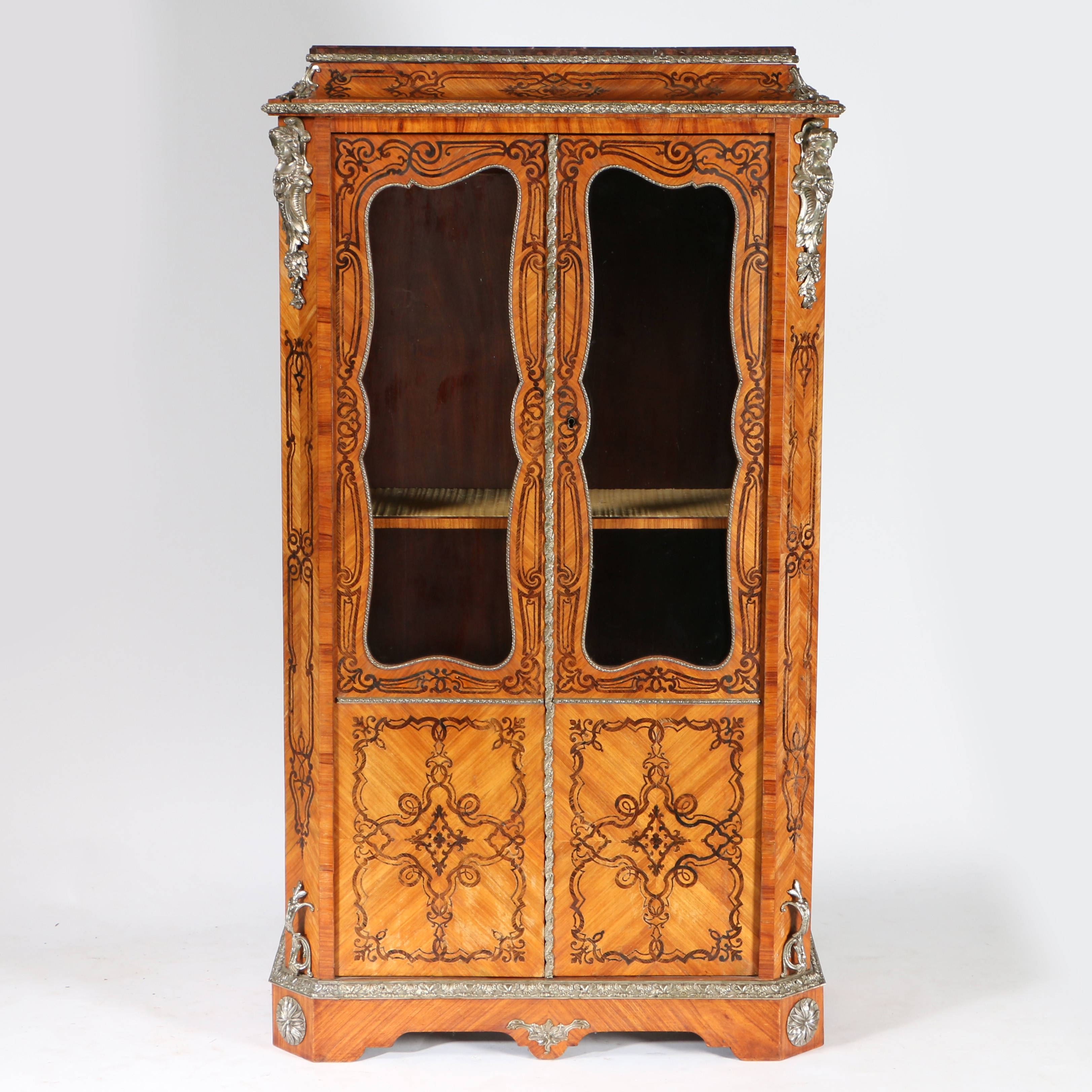 A 19TH CENTURY FRENCH KINGWOOD AND METAL MOUNTED DISPLAY CABINET.