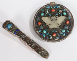 A CHINESE JADE, ENAMEL AND TURQUOISE SET HAND MIRROR.