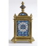 A LATE 19TH CENTURY FRENCH CAST BRASS AND ENAMEL MANTLE CLOCK.