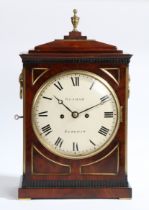 A GEORGE III MAHOGANY AND BRASS INLAID CASED MANTLE CLOCK BY WENHAM OF DEREHAM.