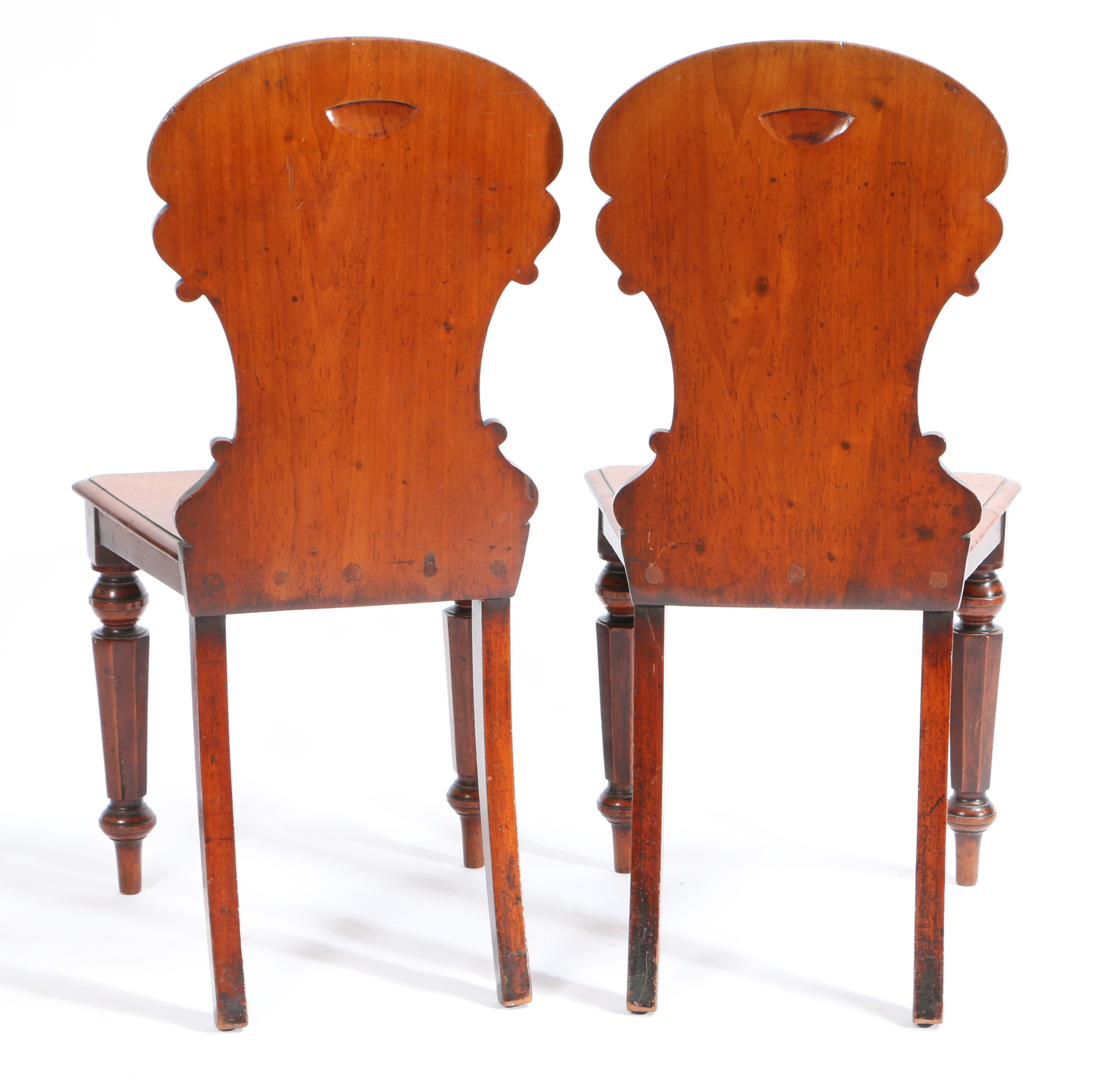 A PAIR OF VICTORIAN ARMORIAL BACK MAHOGANY HALL CHAIRS ATTRIBUTED TO W. BLACKIE. - Image 3 of 3