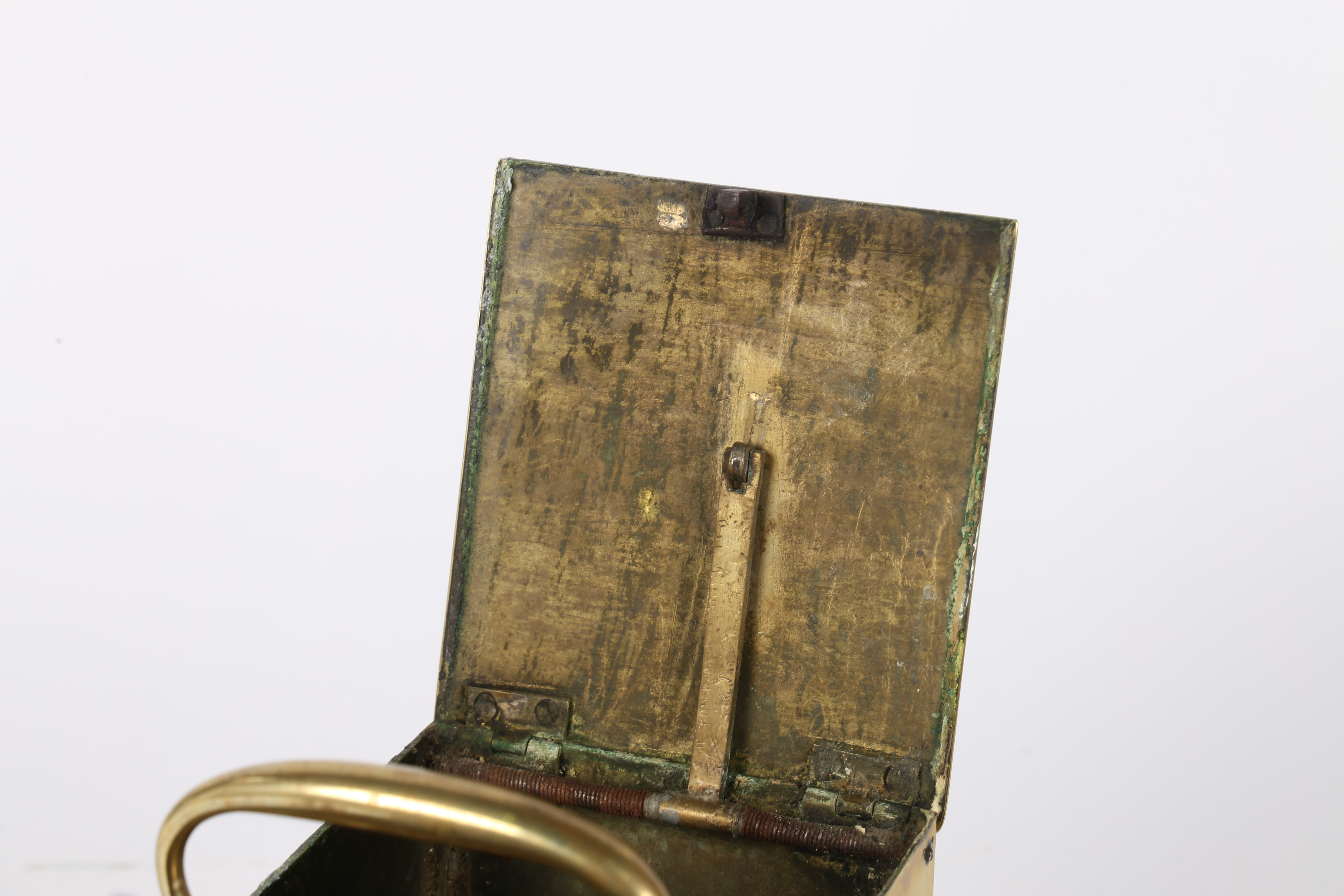 A 19TH CENTURY BRASS "GILBERT" PATTERN HONESTY BOX. - Image 9 of 11