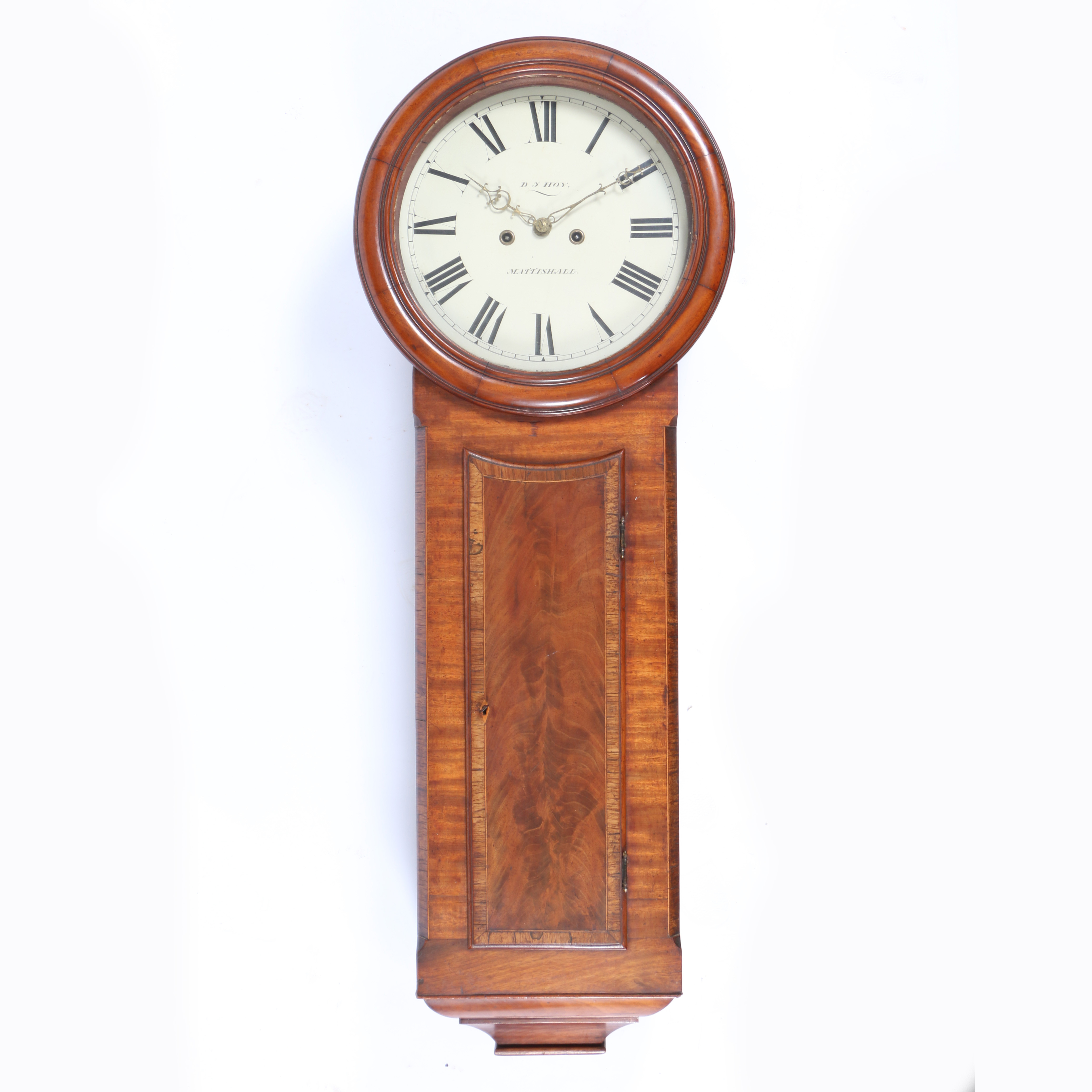 A MID 19TH CENTURY MAHOGANY, BOXWOOD AND CROSSBANDED 'NORWICH' 8 DAY WALL CLOCK - D J HOY MATTISHALL