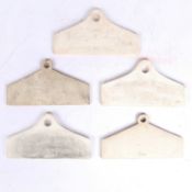 A SET OF FIVE 19TH CENTURY WEDGWOOD CERAMIC WINE OR CELLAR LABELS.