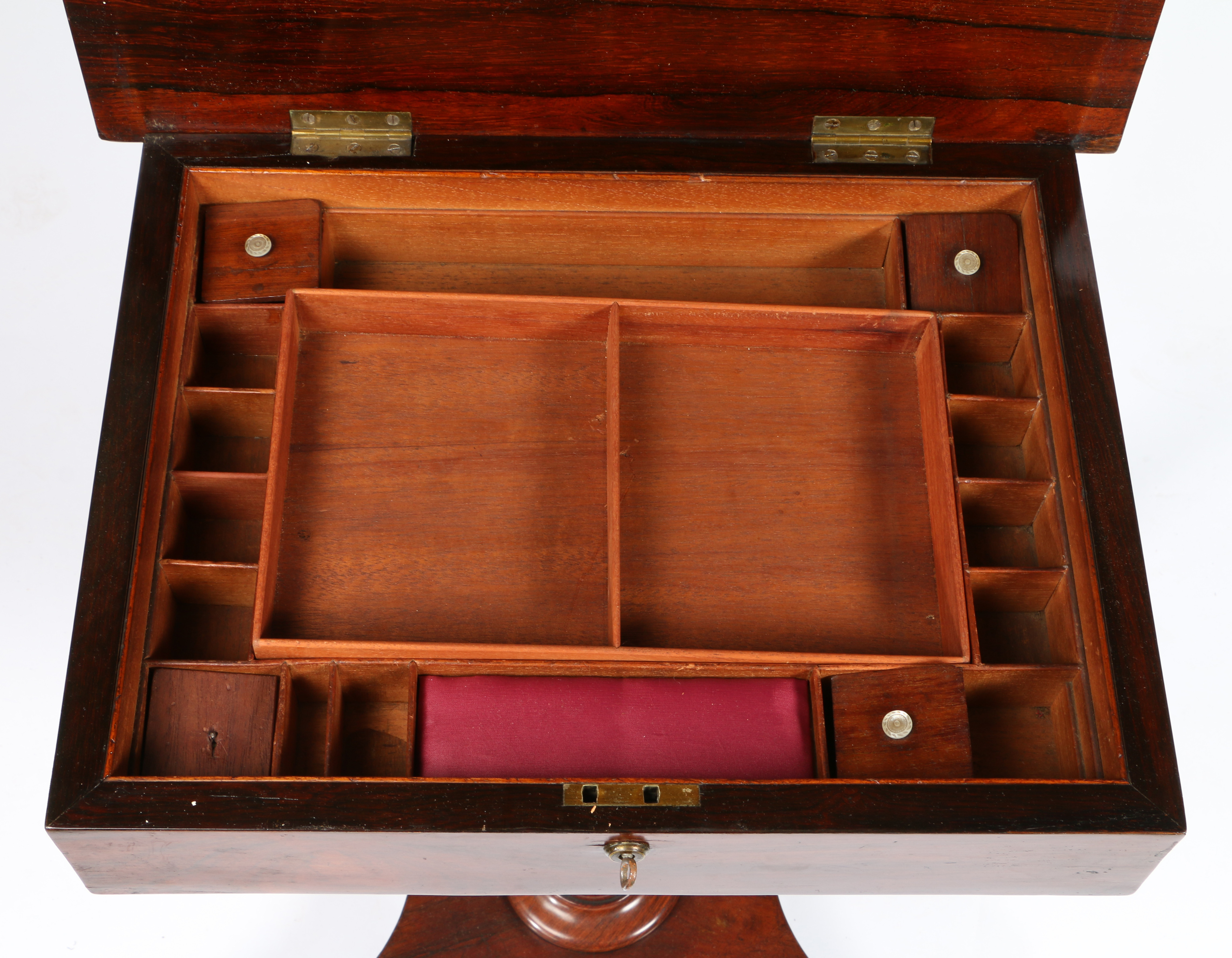 A VICTORIAN ROSEWOOD AND MAHOGANY SEWING TABLE. - Image 2 of 4