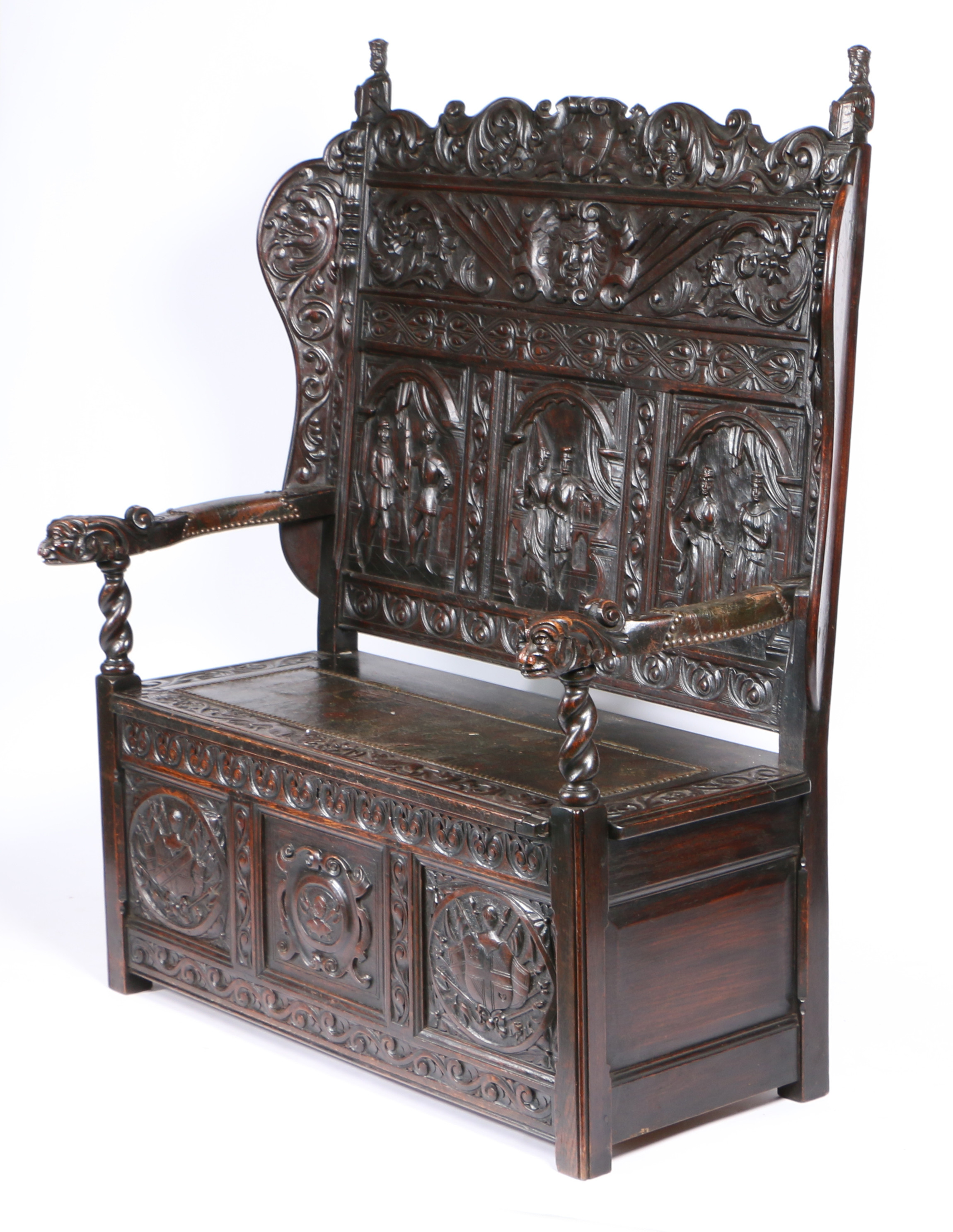 A 19TH CENTURY OAK SETTLE IN THE 17TH CENTURY MANNER. - Image 2 of 4