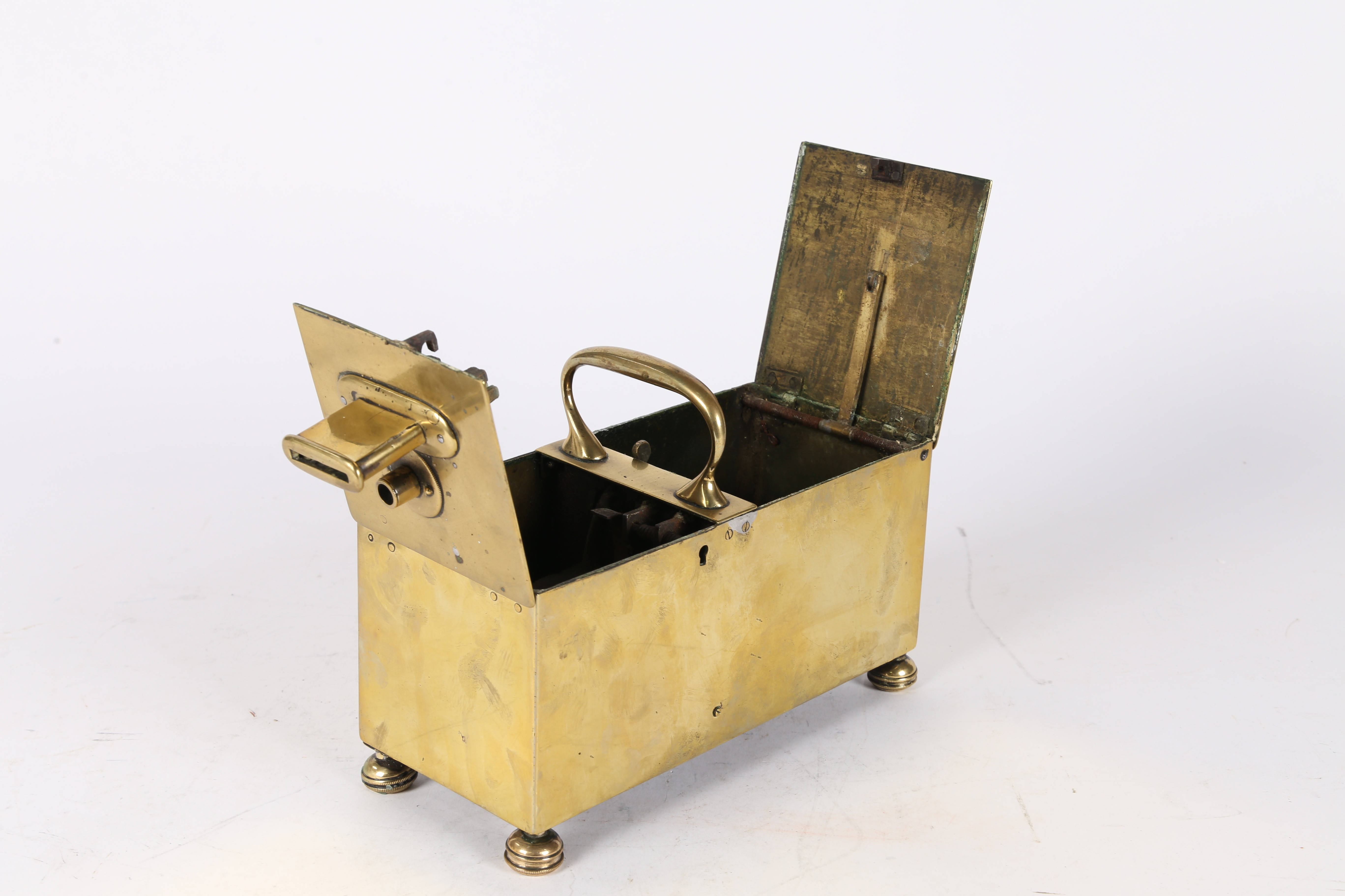 A 19TH CENTURY BRASS "GILBERT" PATTERN HONESTY BOX. - Image 5 of 11