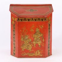 A LARGE 19TH CENTURY SHOP KEEPERS RED TOLEWARE TEA TIN.