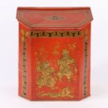 A LARGE 19TH CENTURY SHOP KEEPERS RED TOLEWARE TEA TIN.