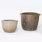 TWO INDIAN HARDSTONE TWIN HANDLED VESSELS.