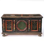 A 19TH CENTURY EUROPEAN PAINTED PINE MARRIAGE CHEST.