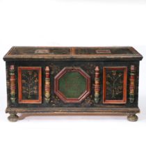 A 19TH CENTURY EUROPEAN PAINTED PINE MARRIAGE CHEST.