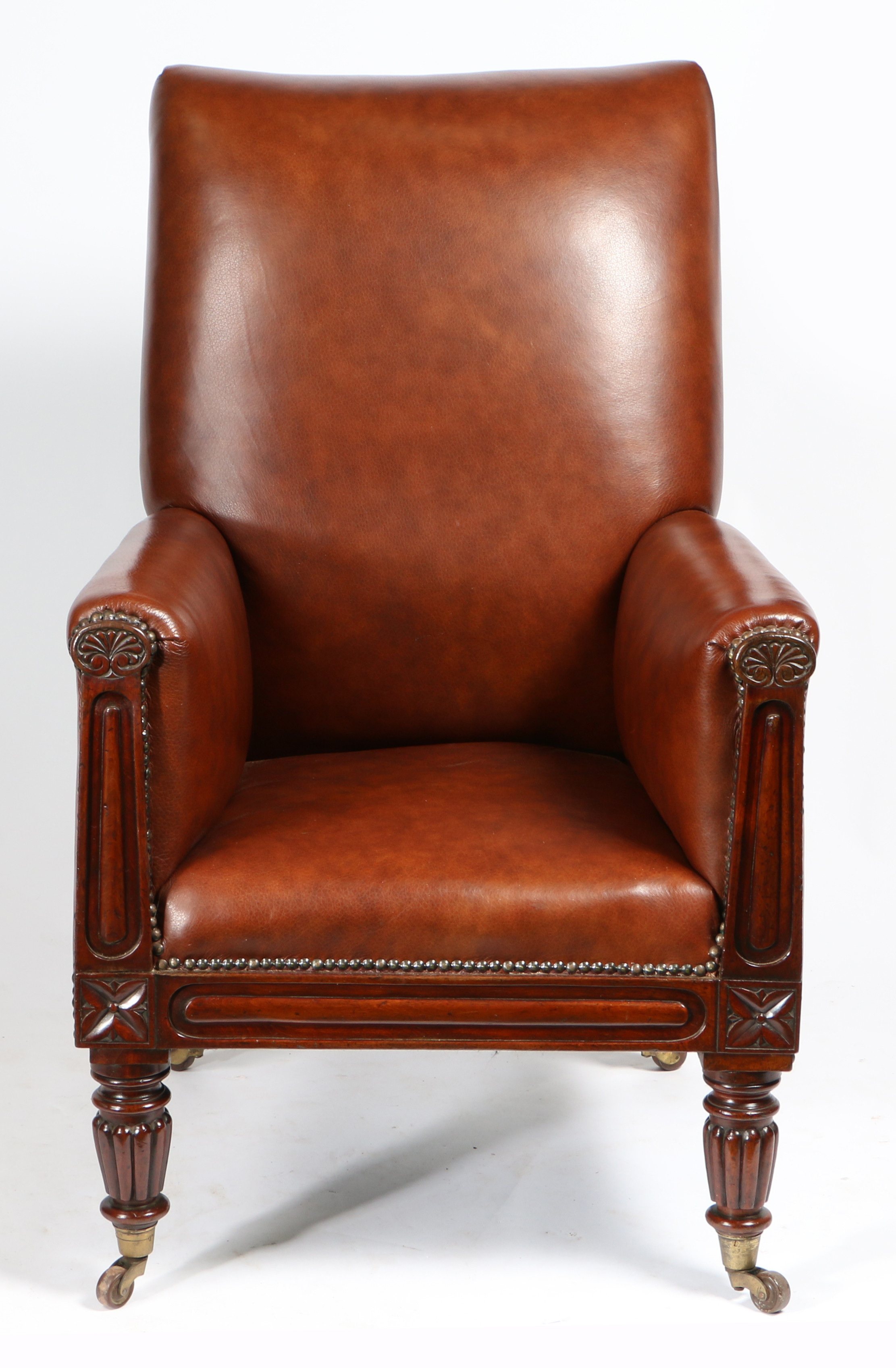 A 19TH CENTURY LEATHER UPHOLSTERED ARMCHAIR. - Image 3 of 4