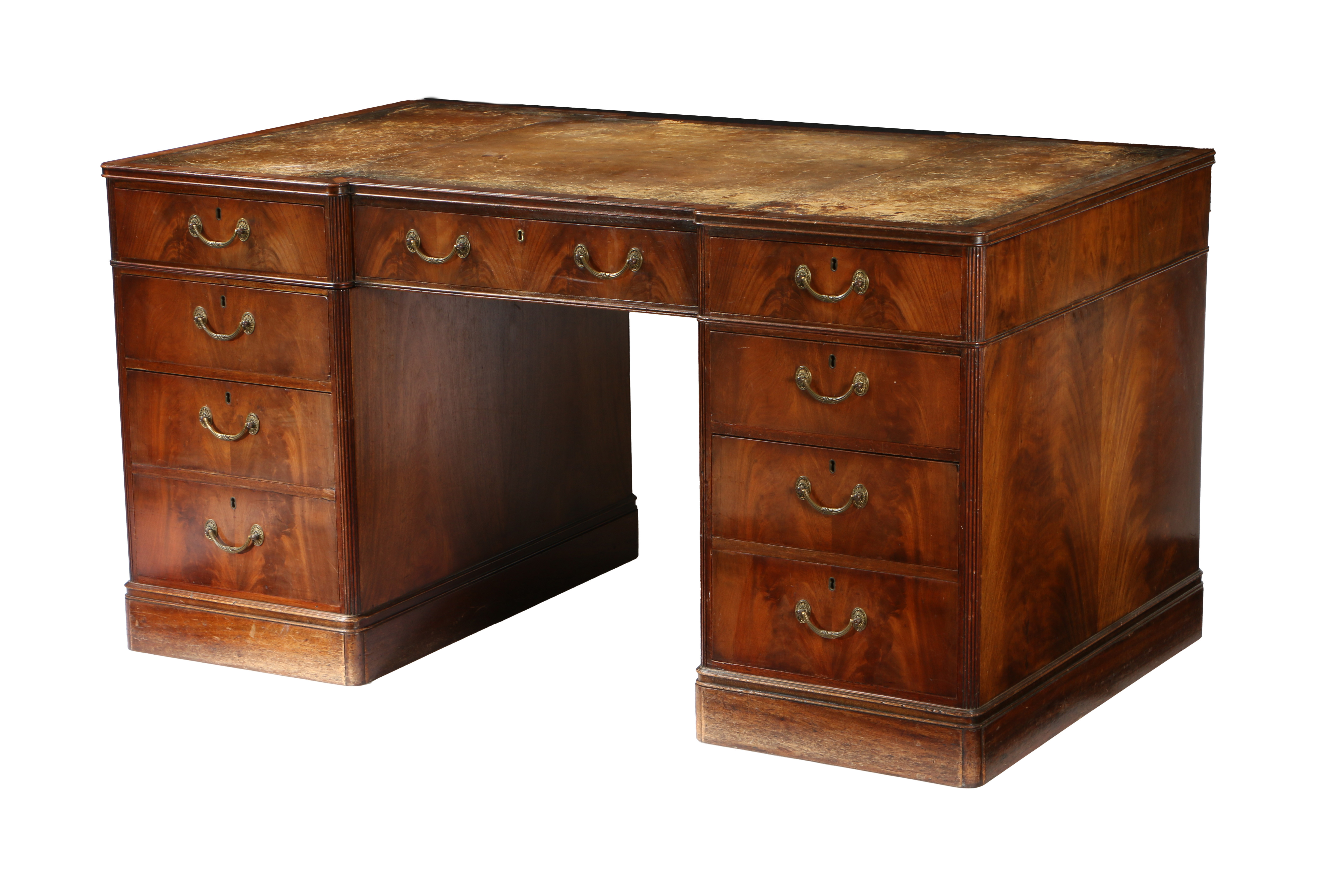 A GEORGE III STYLE MAHOGANY DESK OF BREAKFRONT FORM. - Image 2 of 2