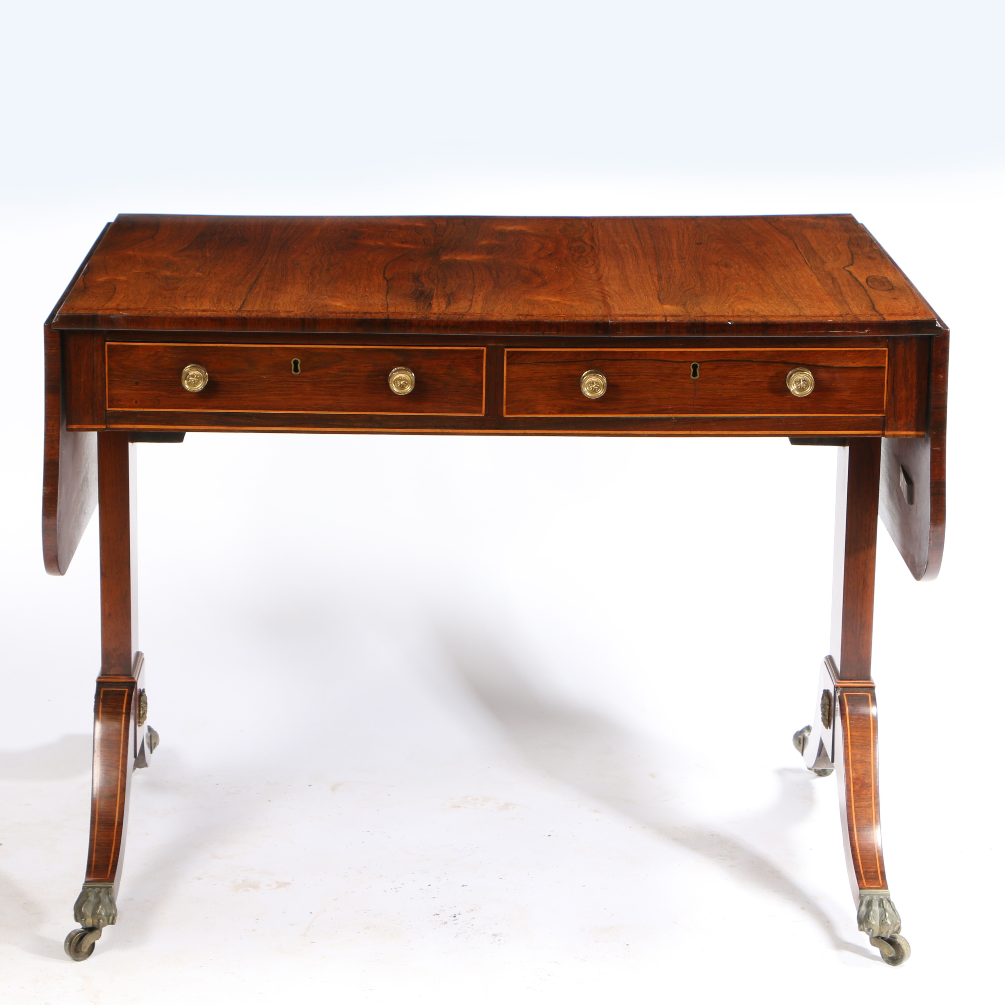 A GEORGE III ROSEWOOD AND BOXWOOD STRUNG SOFA TABLE. - Image 2 of 4