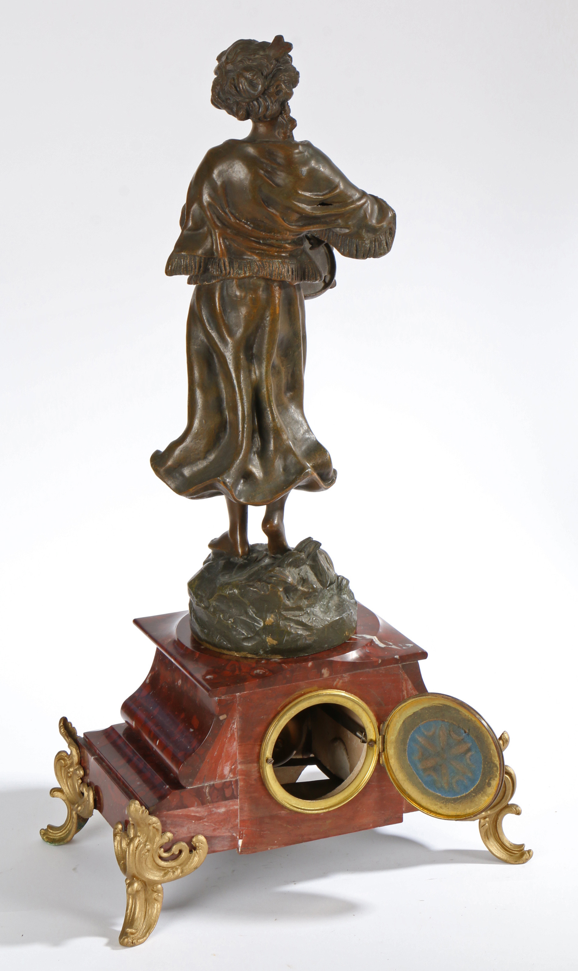 A LATE 19TH CENTURY PATINATED SPELTER AND ROUGE MARBLE MANTLE CLOCK. - Image 2 of 2