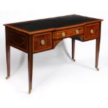 A 19TH CENTURY MAHOGANY AND SATINWOOD INLAID WRITING DESK, IN THE MANNER OF EDWARDS AND ROBERTS.