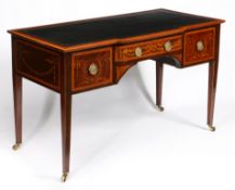 A 19TH CENTURY MAHOGANY AND SATINWOOD INLAID WRITING DESK, IN THE MANNER OF EDWARDS AND ROBERTS.