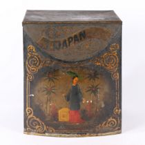A LARGE 19TH CENTURY SHOP KEEPERS BLACK TOLEWARE TEA TIN.