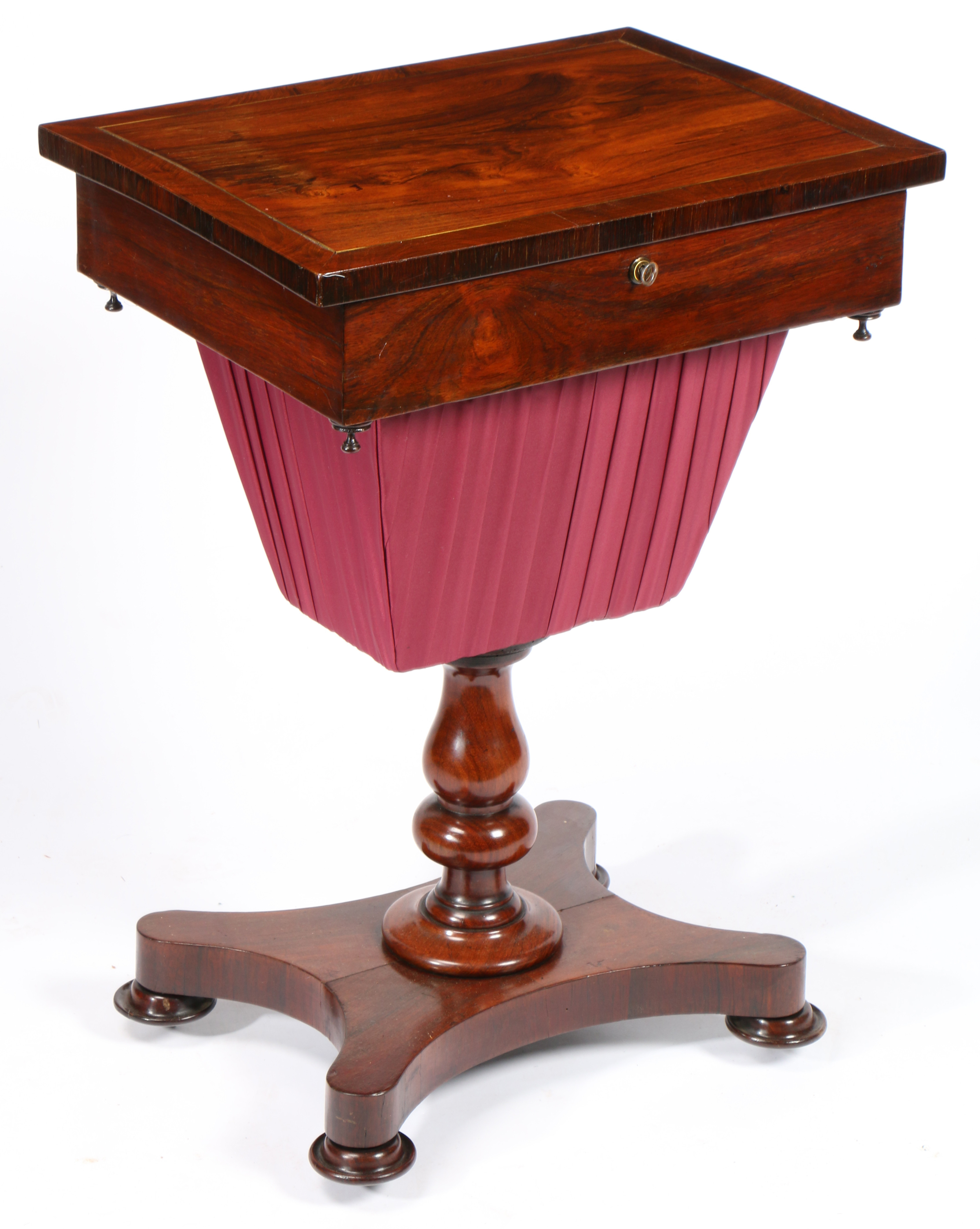 A VICTORIAN ROSEWOOD AND MAHOGANY SEWING TABLE. - Image 4 of 4