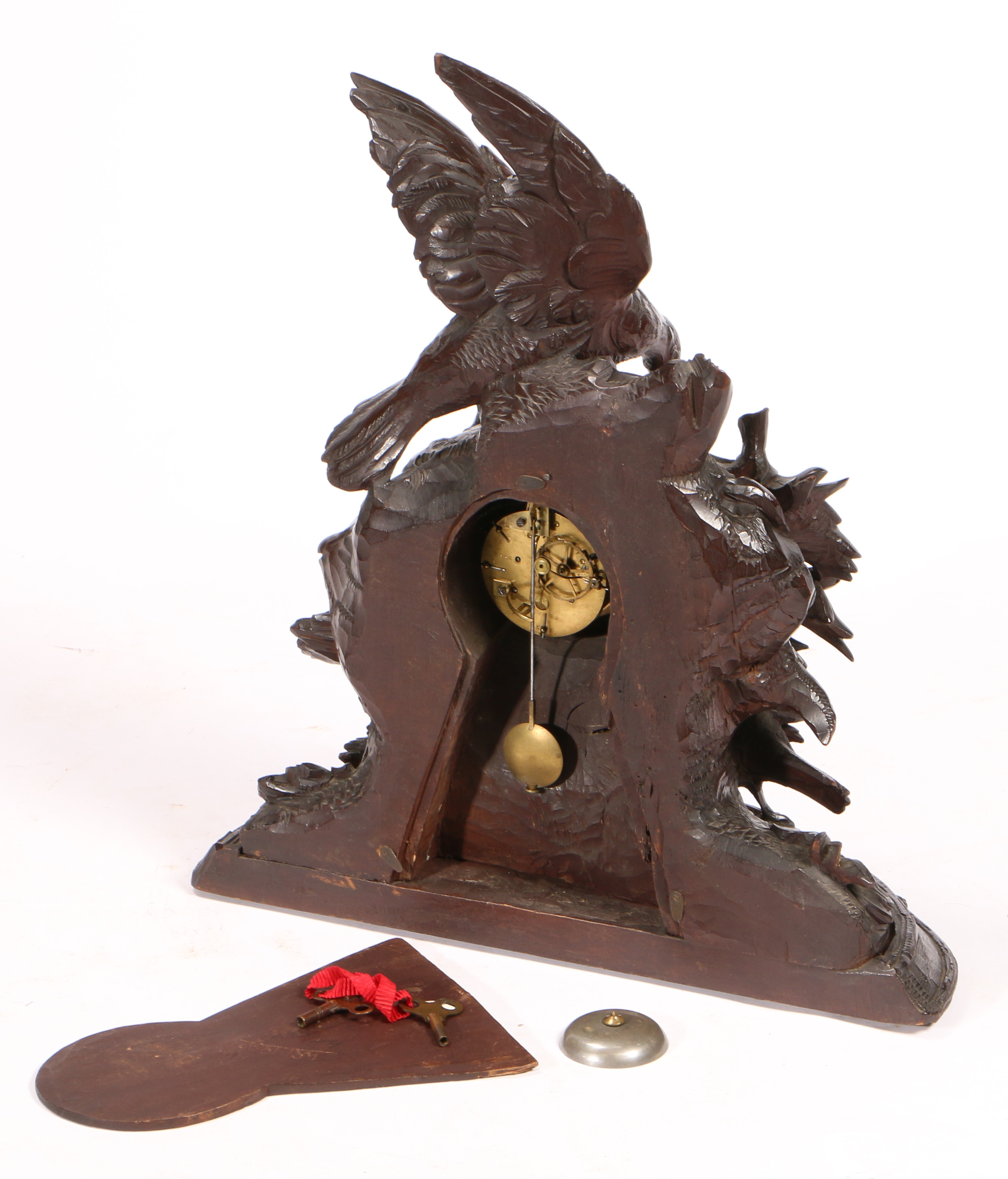 A 19TH CENTURY BLACK FOREST LARGE NATURALISTICALLY CARVED MANTEL CLOCK. - Image 2 of 2