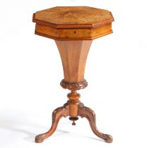 A VICTORIAN BURR WALNUT SEWING BOX TABLE.