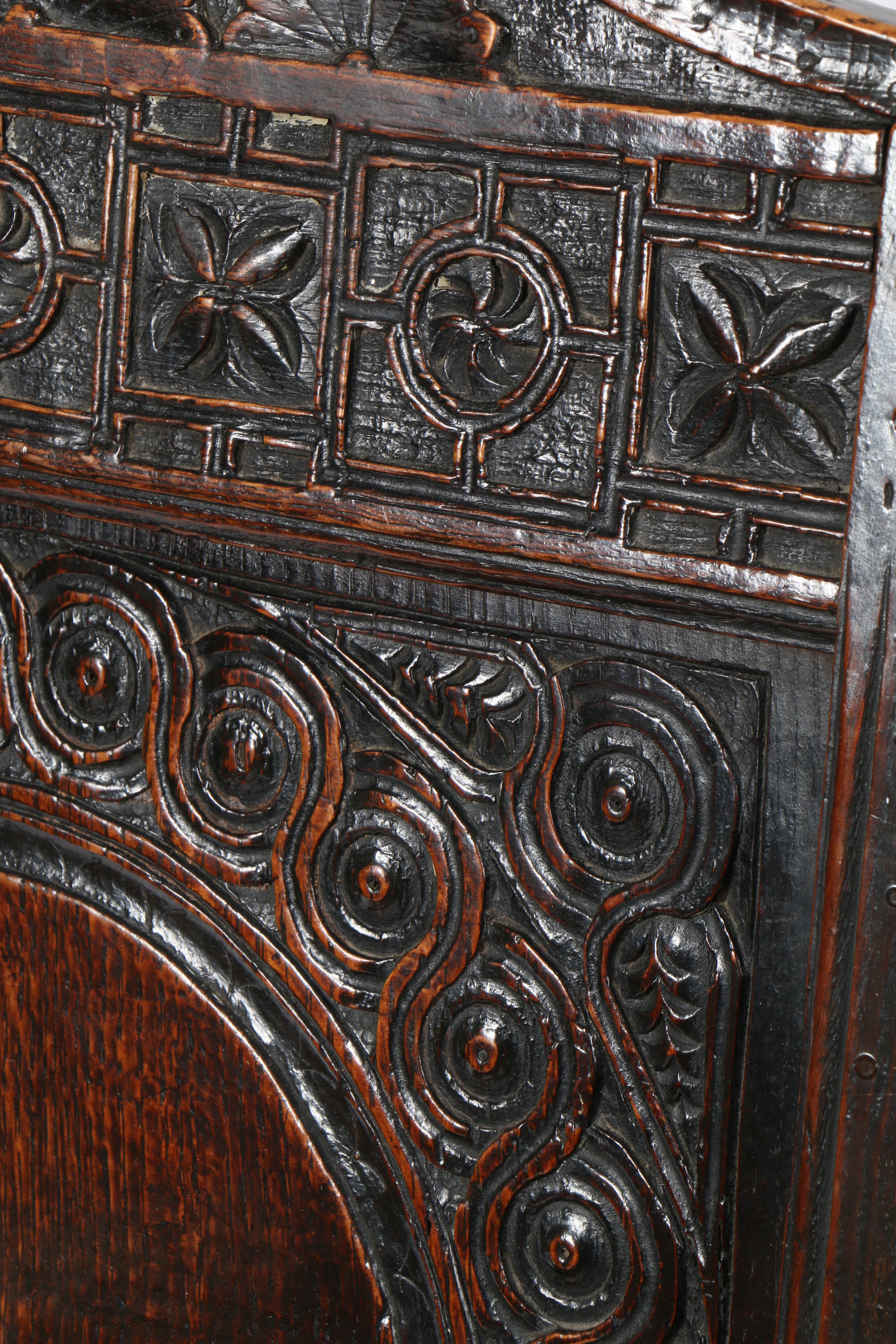 A CHARLES I OAK PANEL-BACK OPEN ARMCHAIR, CIRCA 1640. - Image 6 of 6