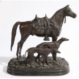 A BRONZE SCULPTURE OF A HORSE AND TWO GREYHOUNDS, 19TH CENTURY.