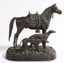 A BRONZE SCULPTURE OF A HORSE AND TWO GREYHOUNDS, 19TH CENTURY.