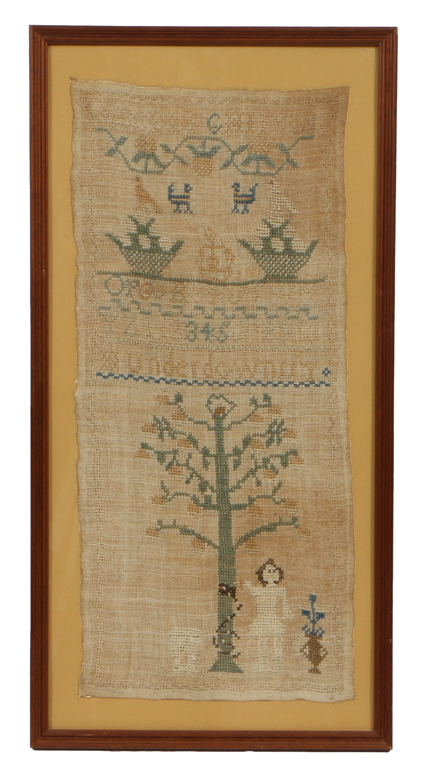 A LINEN BAND SAMPLER, 18TH CENTURY.