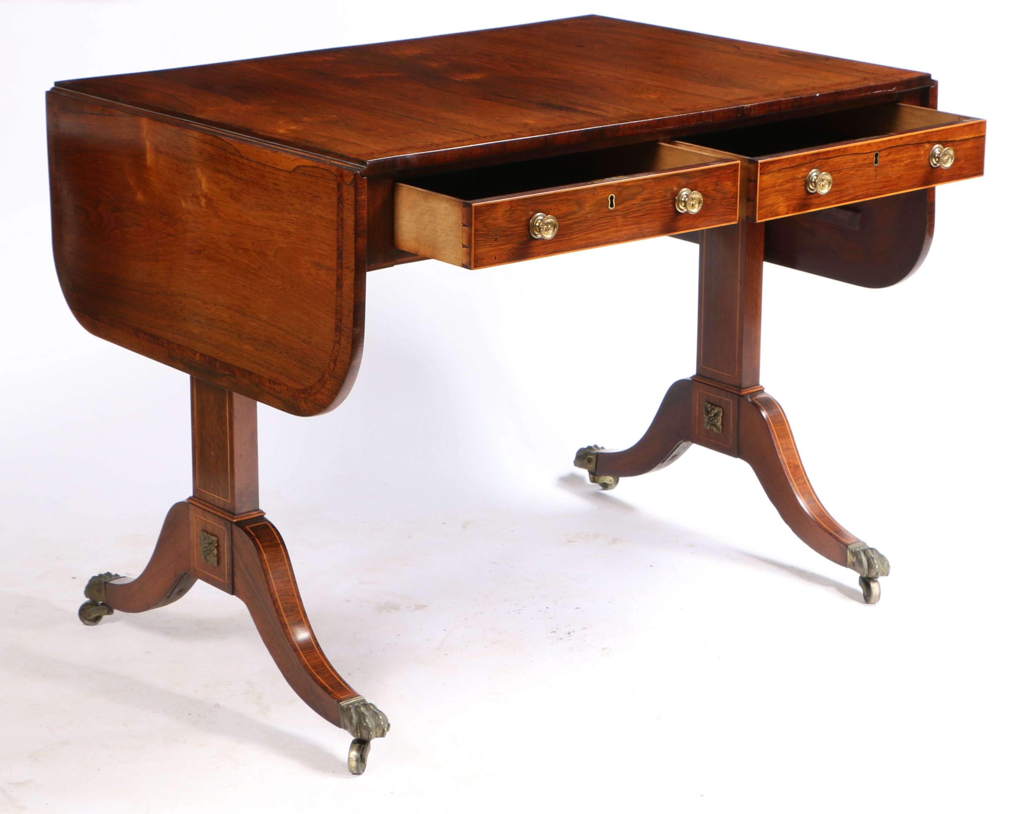 A GEORGE III ROSEWOOD AND BOXWOOD STRUNG SOFA TABLE. - Image 3 of 4