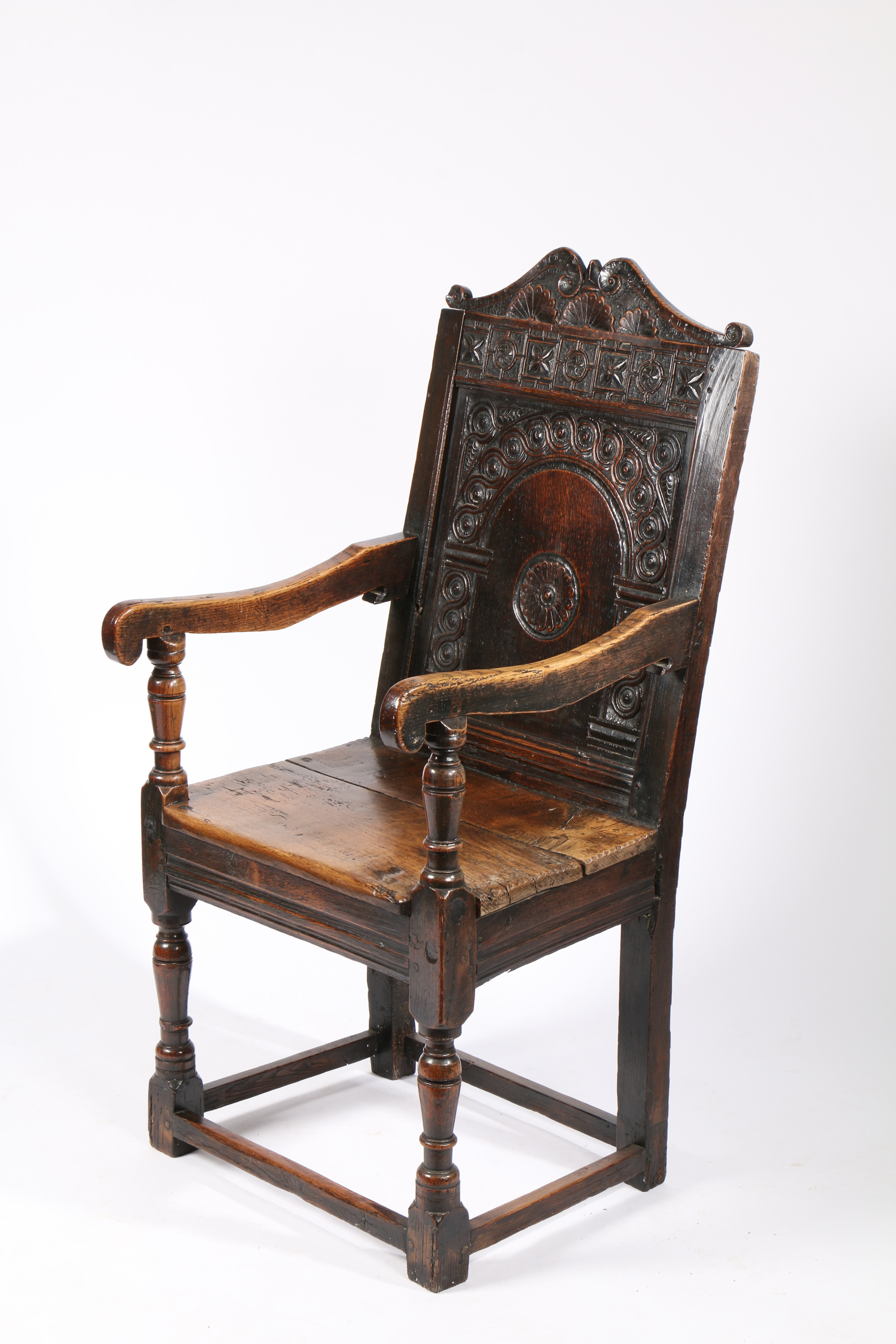 A CHARLES I OAK PANEL-BACK OPEN ARMCHAIR, CIRCA 1640. - Image 2 of 6