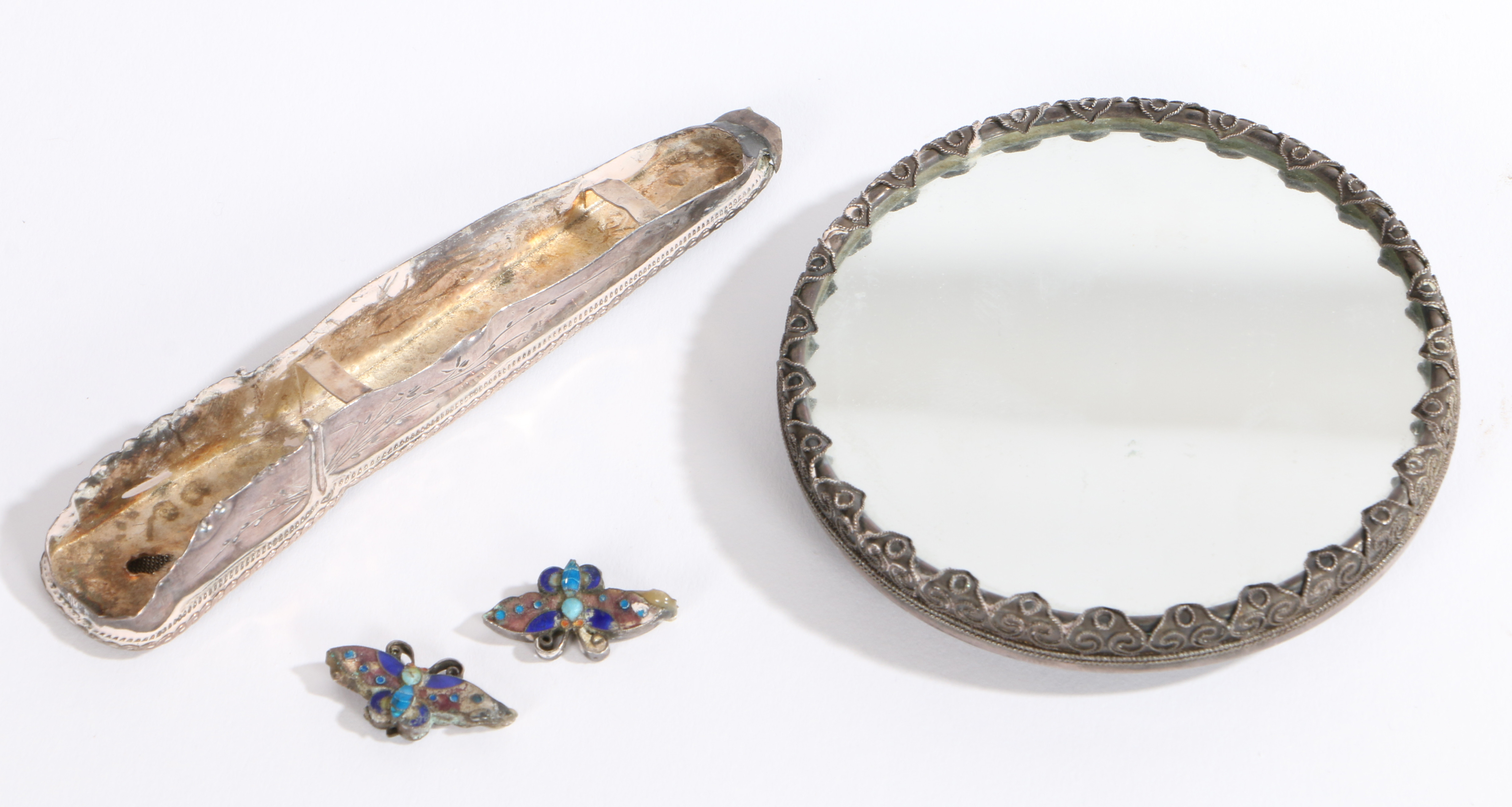 A CHINESE JADE, ENAMEL AND TURQUOISE SET HAND MIRROR. - Image 2 of 2