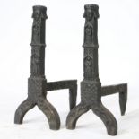 A PAIR OF 19TH CENTURY SUBSTANTIAL CAST IRON ANDIRONS.
