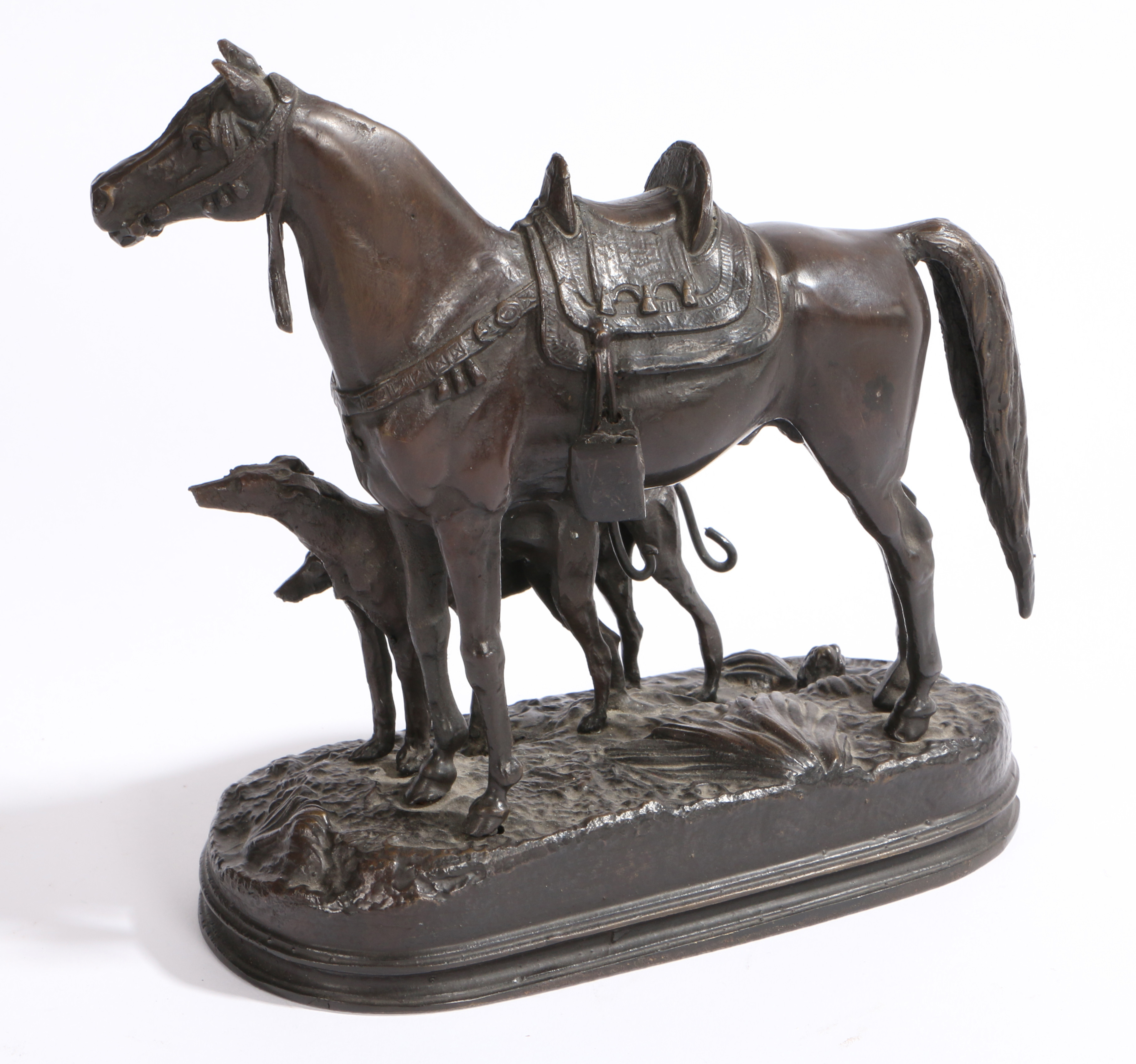 A BRONZE SCULPTURE OF A HORSE AND TWO GREYHOUNDS, 19TH CENTURY. - Image 3 of 3