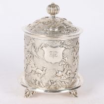 A LARGE AND GOOD CHINESE WHITE METAL TEA CANISTER.