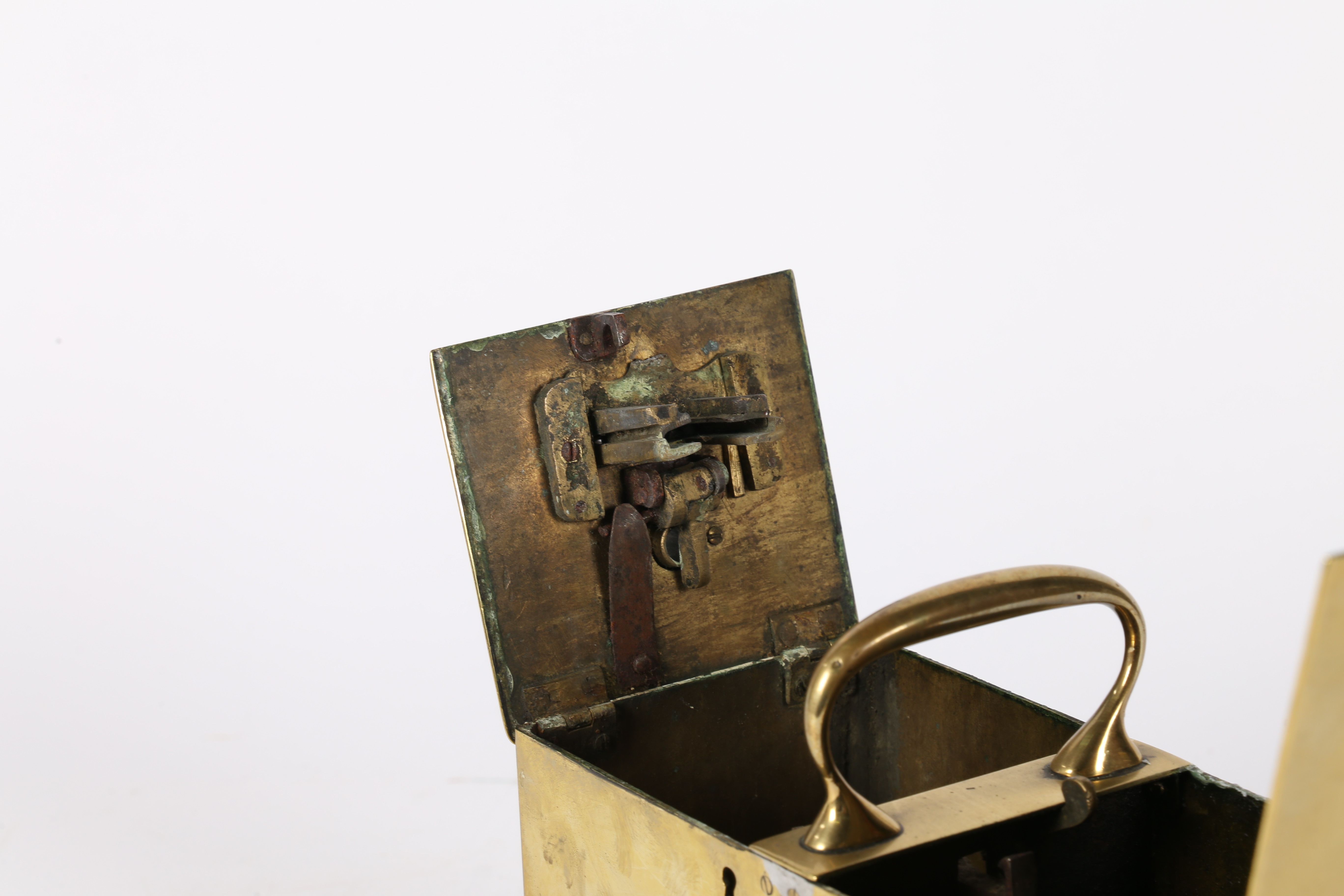 A 19TH CENTURY BRASS "GILBERT" PATTERN HONESTY BOX. - Image 8 of 11