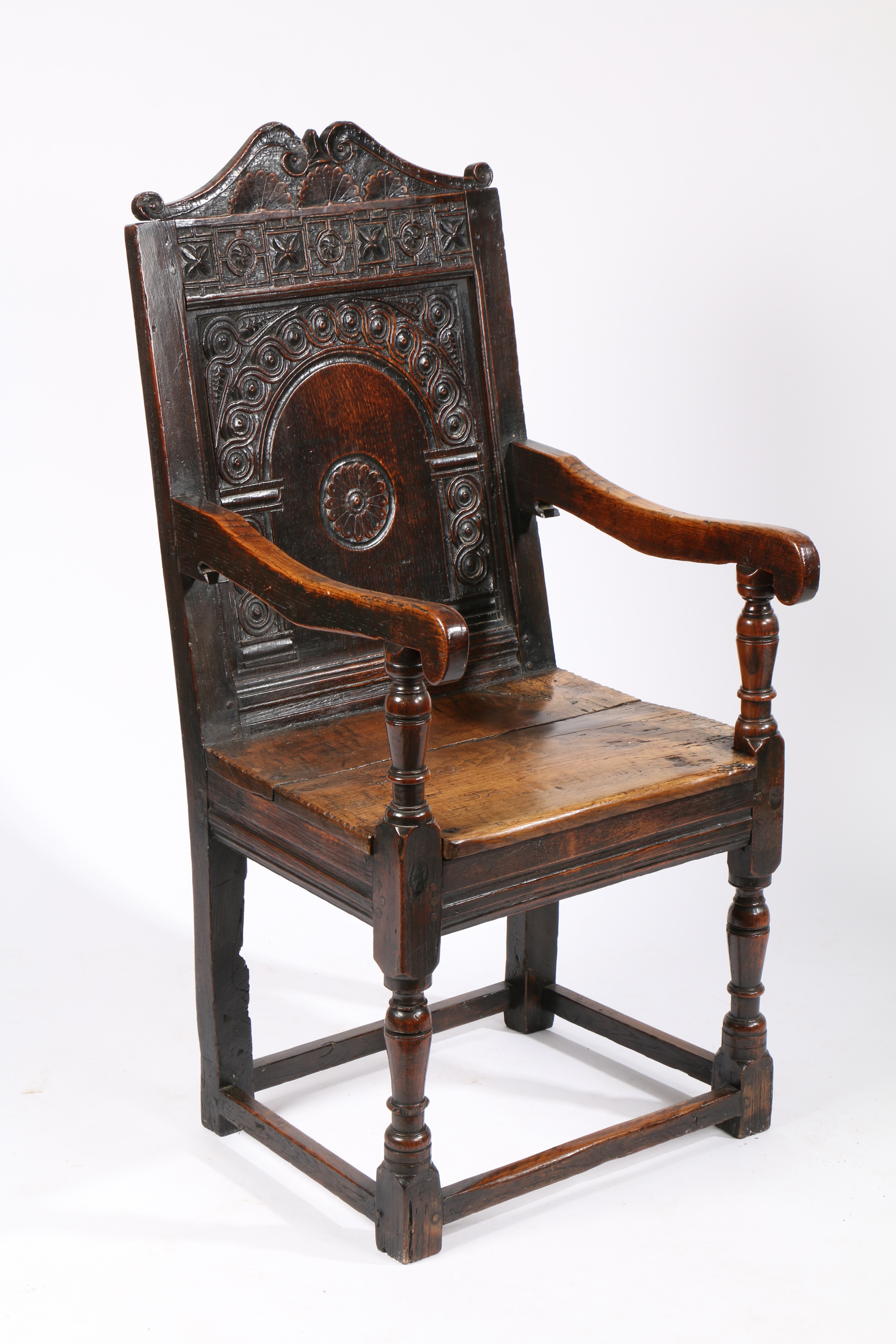 A CHARLES I OAK PANEL-BACK OPEN ARMCHAIR, CIRCA 1640. - Image 3 of 6