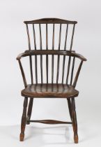 A GEORGE III STICK BACK ASH AND ELM PAINTED WINDSOR ARMCHAIR, WEST COUNTRY, CIRCA 1800/1820.