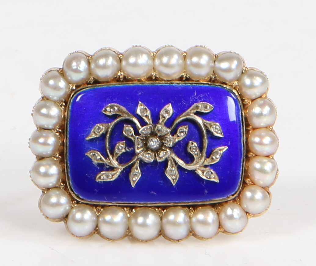 A VICTORIAN DIAMOND, PEARL AND BLUE ENAMEL MOURNING BROOCH.