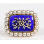 A VICTORIAN DIAMOND, PEARL AND BLUE ENAMEL MOURNING BROOCH.