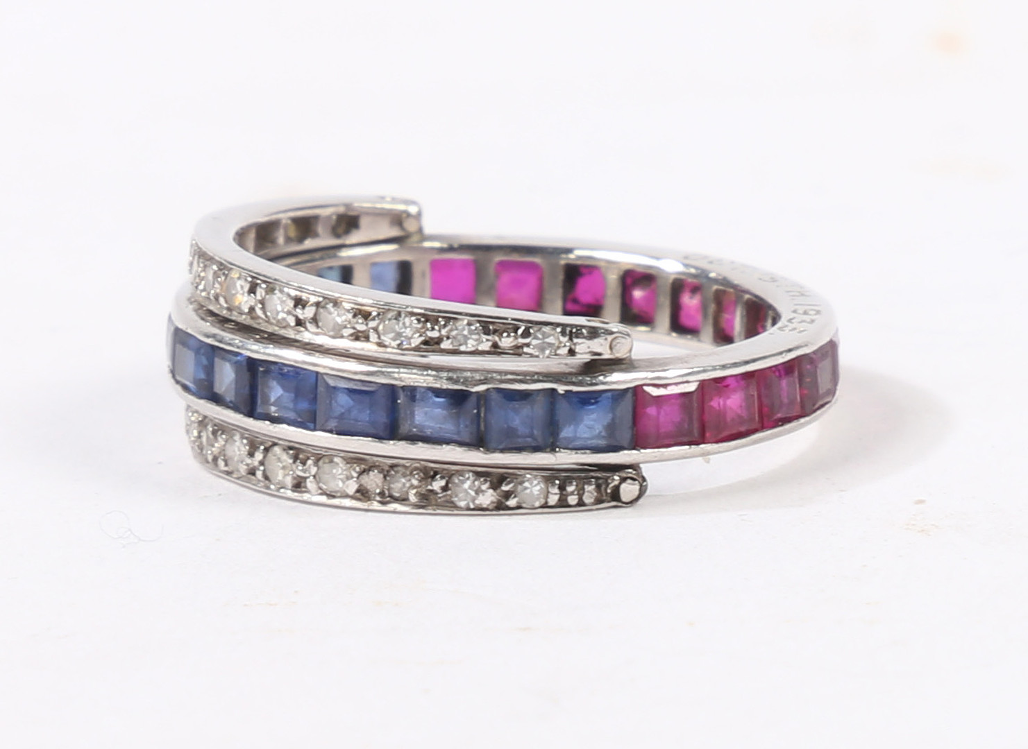 A SAPPHIRE, RUBY AND DIAMOND "DAY AND NIGHT" ETERNITY RING. - Image 2 of 6