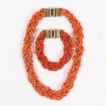 A CORAL BEAD NECKLACE AND BRACELET (2).