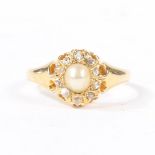 AN 18 CARAT GOLD DIAMOND AND PEARL RING.