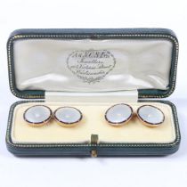 A PAIR OF 18 CARAT GOLD, BLUE ENAMEL, PEARL AND MOTHER OF PEARL CUFFLINKS.