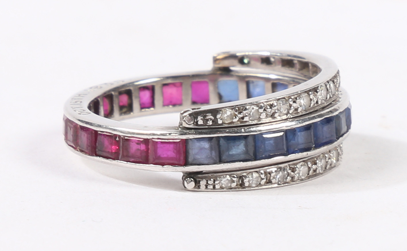 A SAPPHIRE, RUBY AND DIAMOND "DAY AND NIGHT" ETERNITY RING. - Image 4 of 6